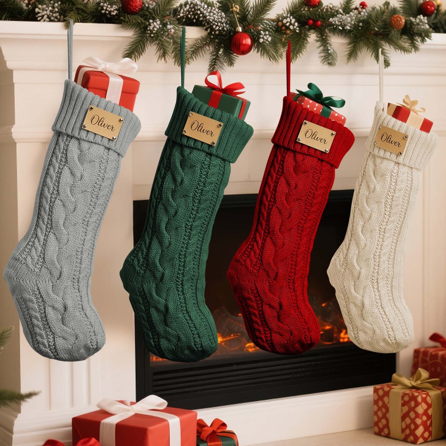 Personalized Christmas Stocking with Custom PU Leather Tag – Holiday Gift for Family & Kids