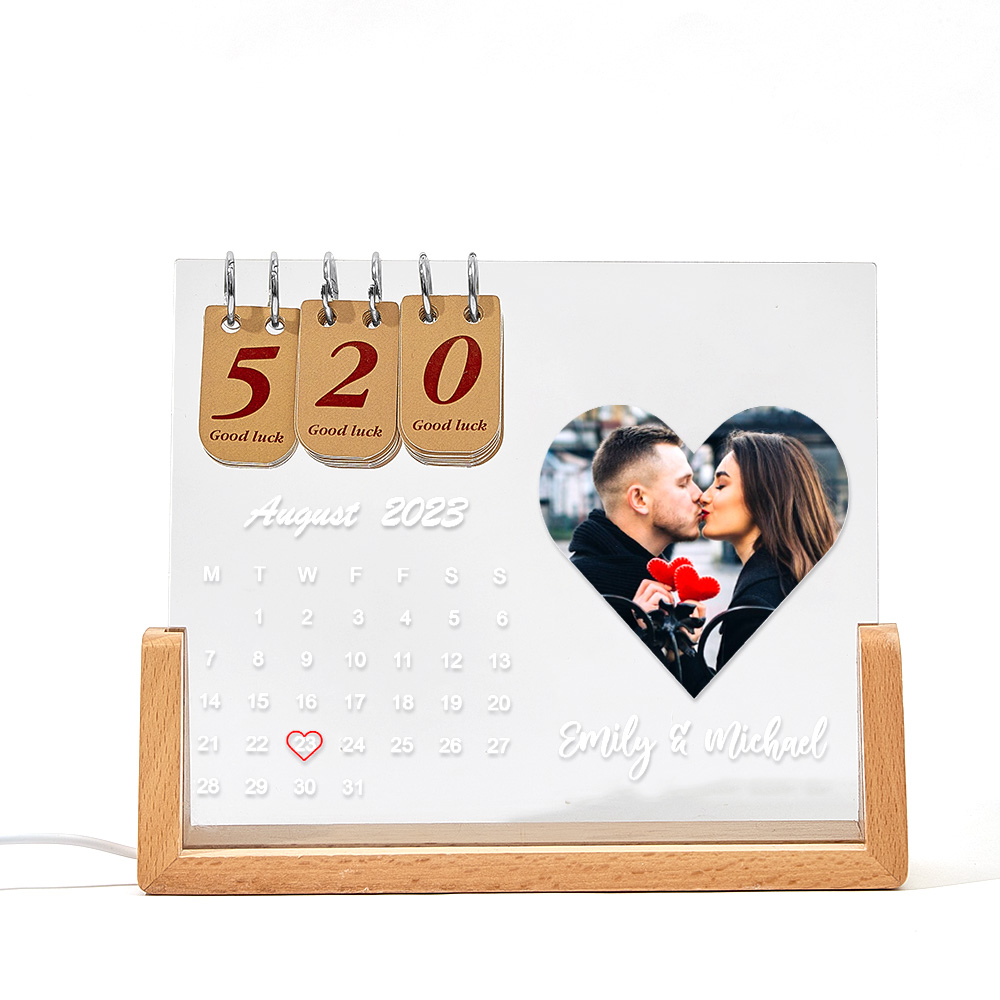 Custom Heart Photo & Name Acrylic Calendar Night Light – Birthday Christmas & Valentine’s Day Gift