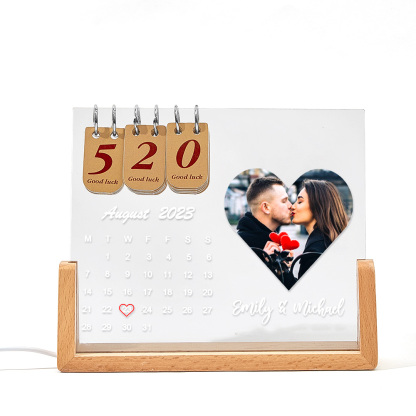 Custom Heart Photo & Name Acrylic Calendar Night Light – Birthday Christmas & Valentine’s Day Gift