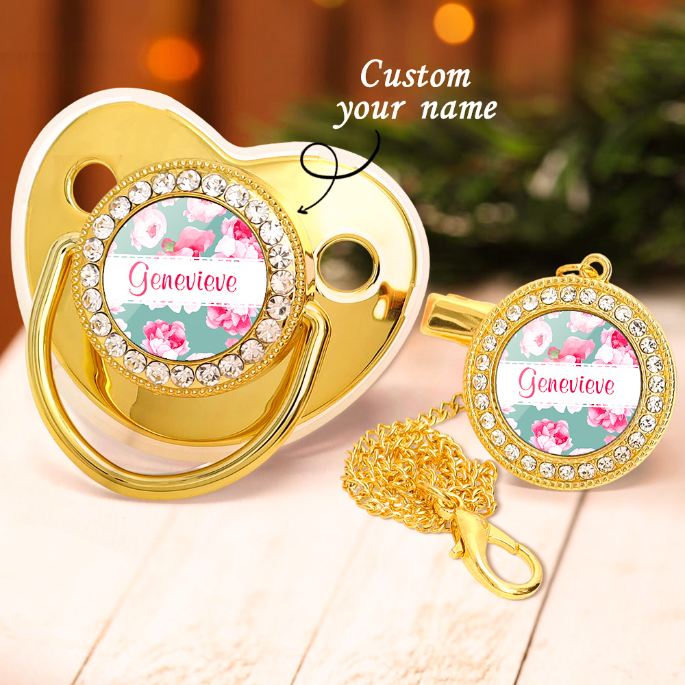 Custom Name Baby Pacifier & Clip Set with Flower – Personalized Newborn Gift