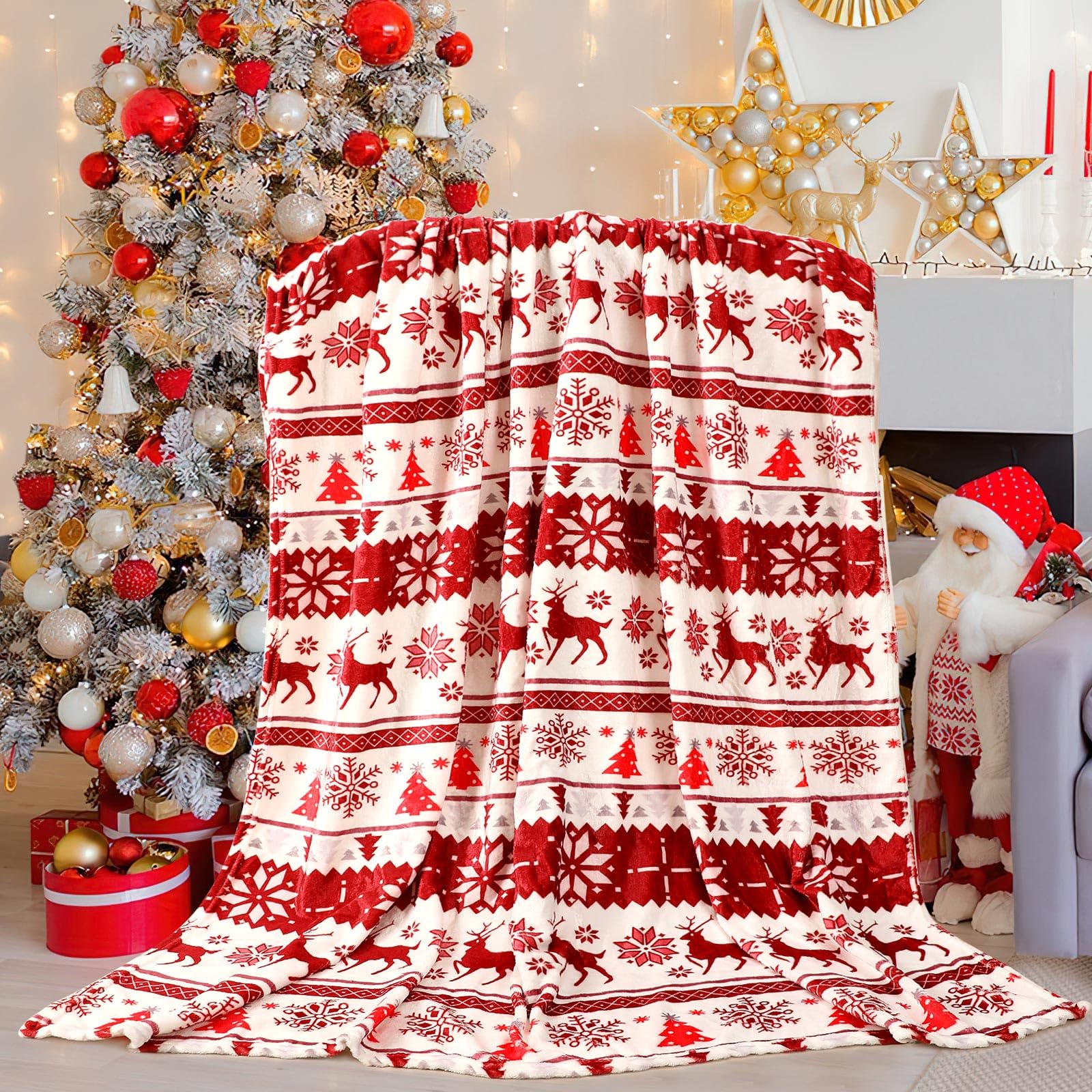Christmas Blanket Snowflakes and Tree Elegant Comfort Velvet Touch Ultra Plush Christmas Holiday Printed Fleece Throw/Blanket