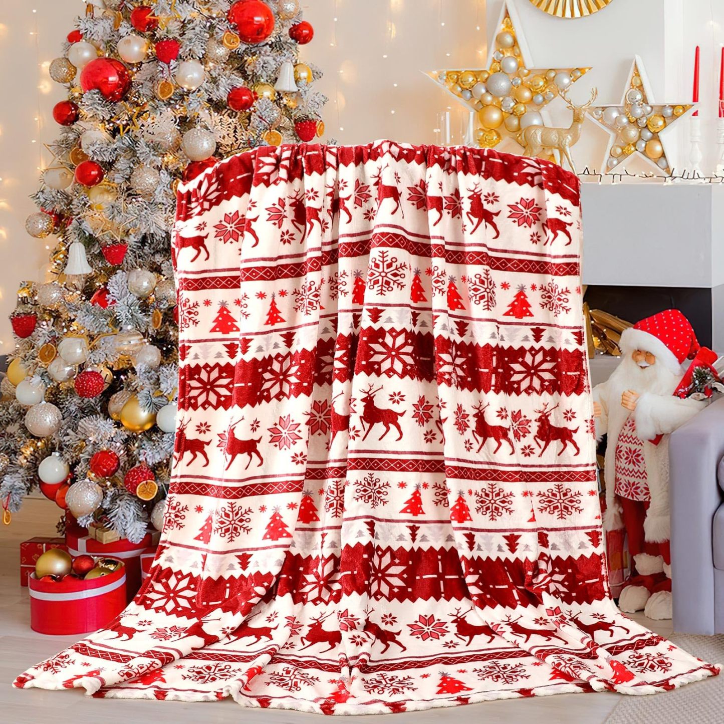 Christmas Blanket Snowflakes and Tree Elegant Comfort Velvet Touch Ultra Plush Christmas Holiday Printed Fleece Throw/Blanket