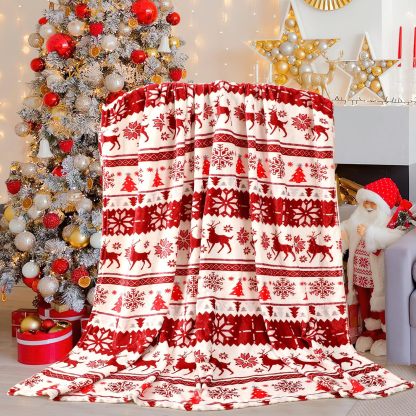 Christmas Blanket Snowflakes and Tree Elegant Comfort Velvet Touch Ultra Plush Christmas Holiday Printed Fleece Throw/Blanket