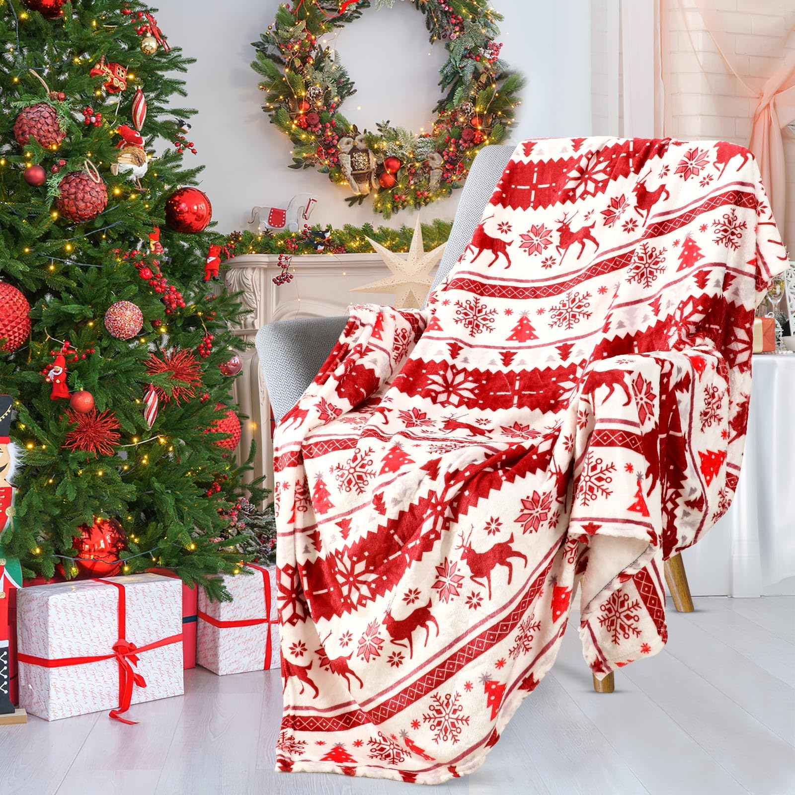 Christmas Blanket Snowflakes and Tree Elegant Comfort Velvet Touch Ultra Plush Christmas Holiday Printed Fleece Throw/Blanket