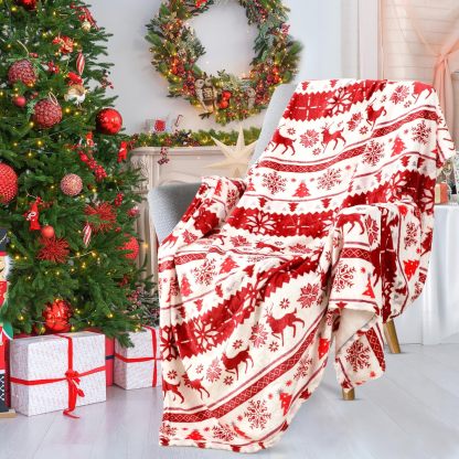 Christmas Blanket Snowflakes and Tree Elegant Comfort Velvet Touch Ultra Plush Christmas Holiday Printed Fleece Throw/Blanket