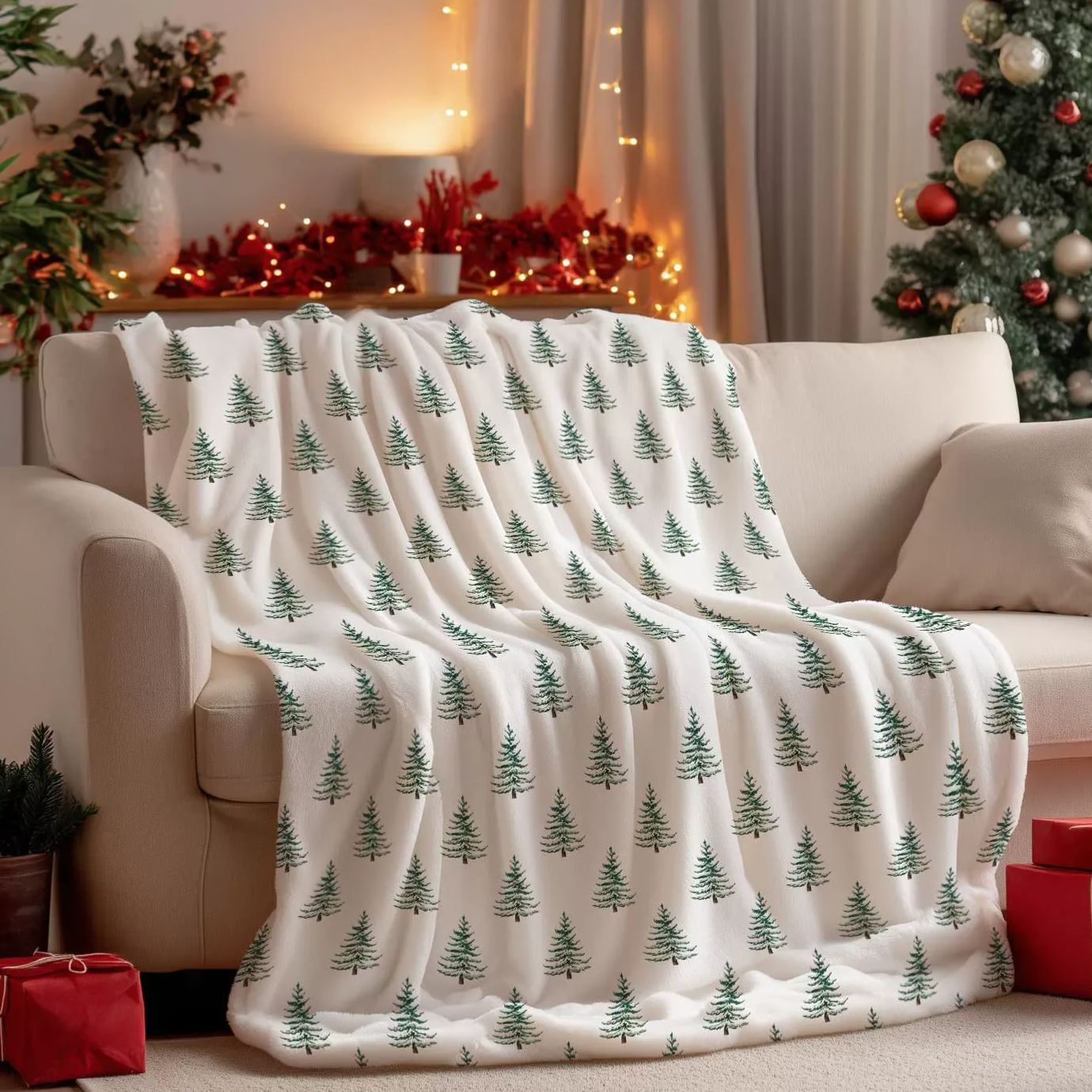 Minimalist Christmas Tree Pattern White Blanket Elegant Christmas Gift