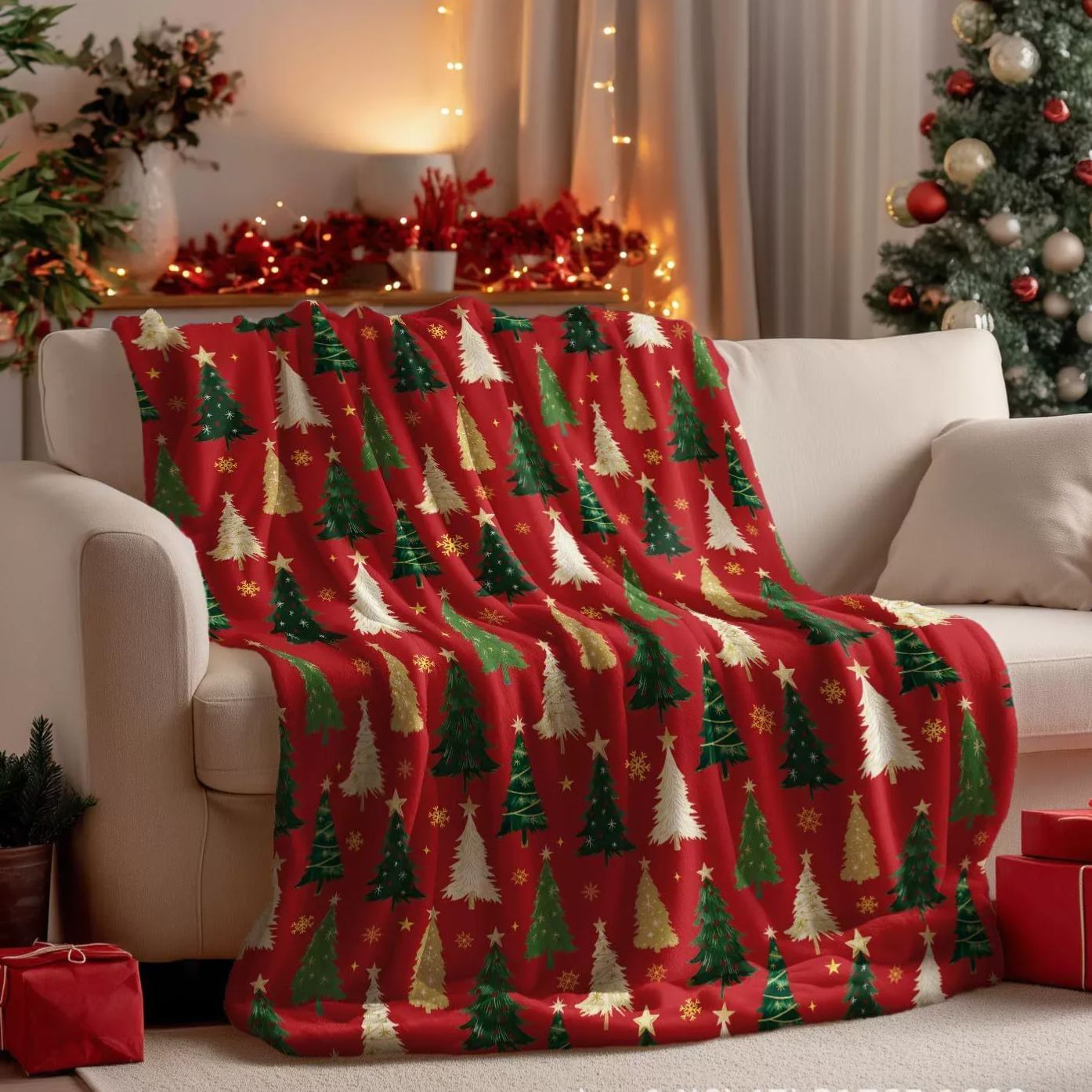 Multicolor Christmas Tree Pattern Red Blanket - Vibrant Christmas Gift