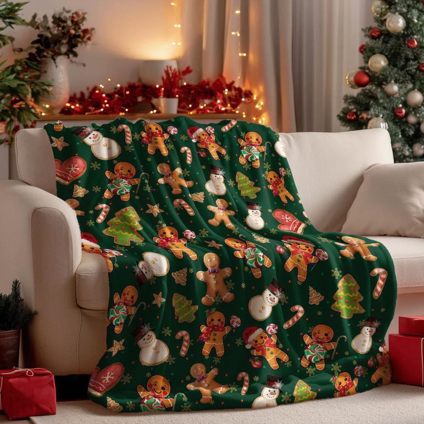 Gingerbread Man & Snowman Pattern Christmas Blanket Cute Christmas Gift