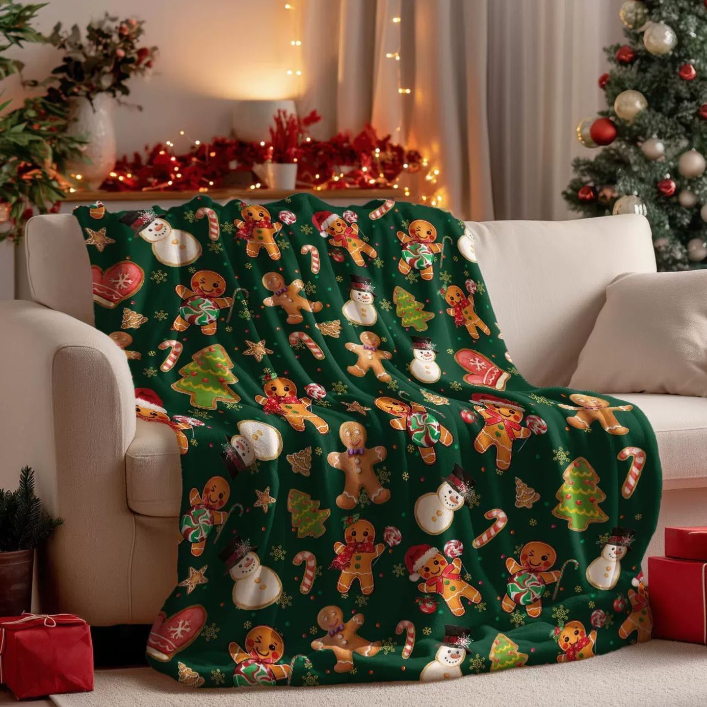 Gingerbread Man & Snowman Pattern Christmas Blanket Cute Christmas Gift