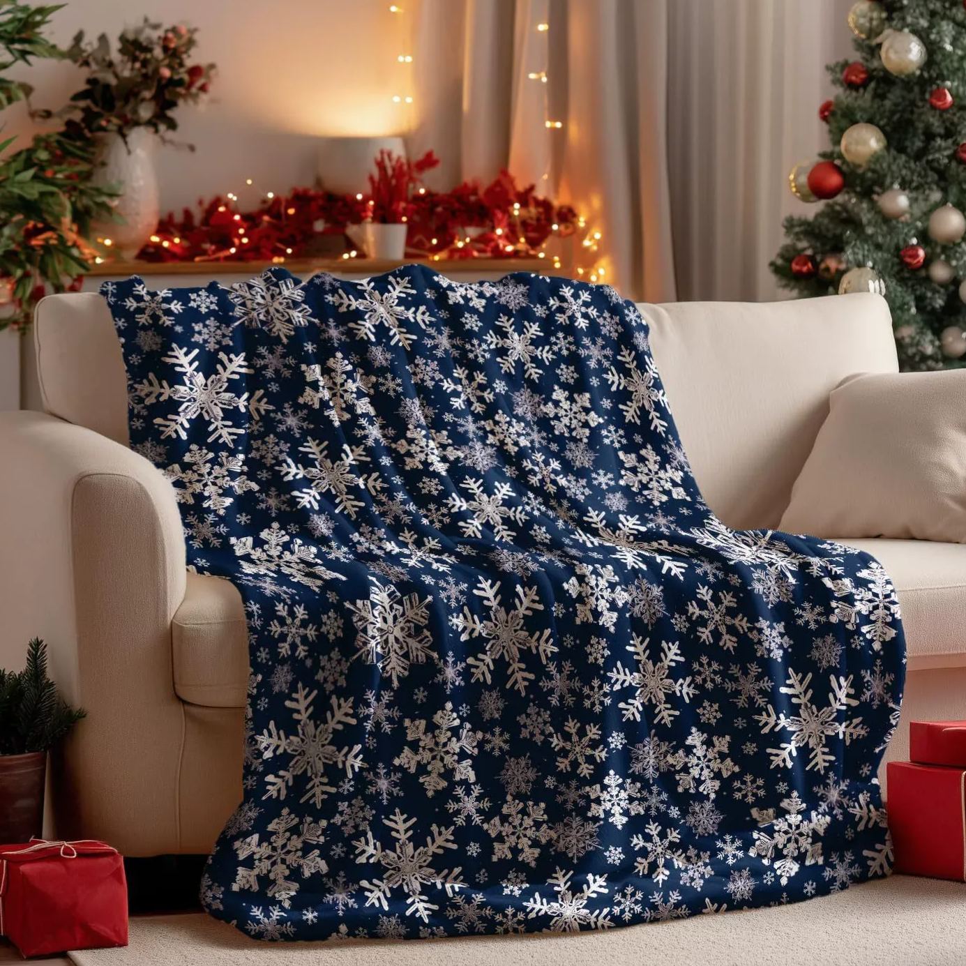 Navy Blue Snowflake Pattern Christmas Blanket Stylish Christmas Gift