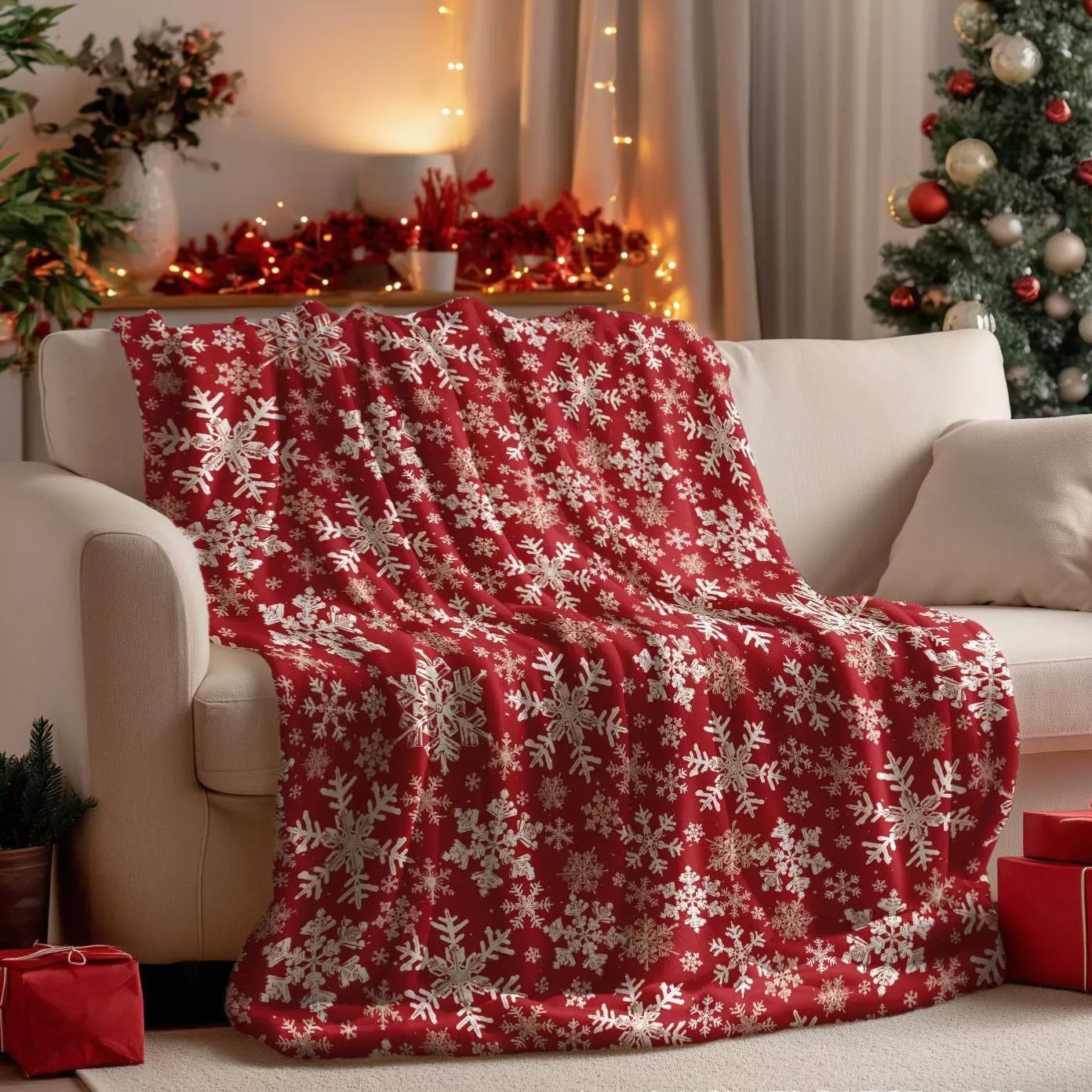 Red Snowflake Pattern Christmas Blanket Classic Christmas Gift