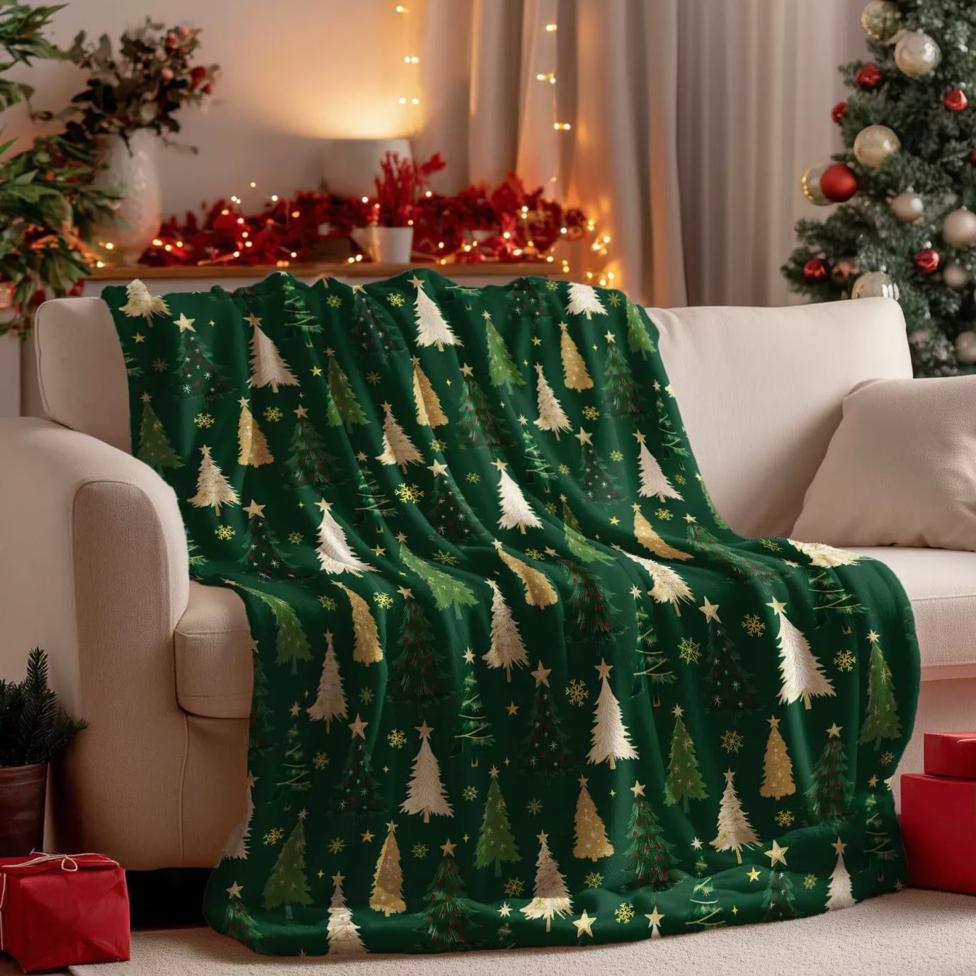 Green Christmas Tree Patterned Christmas Blanket Festive Christmas Gift