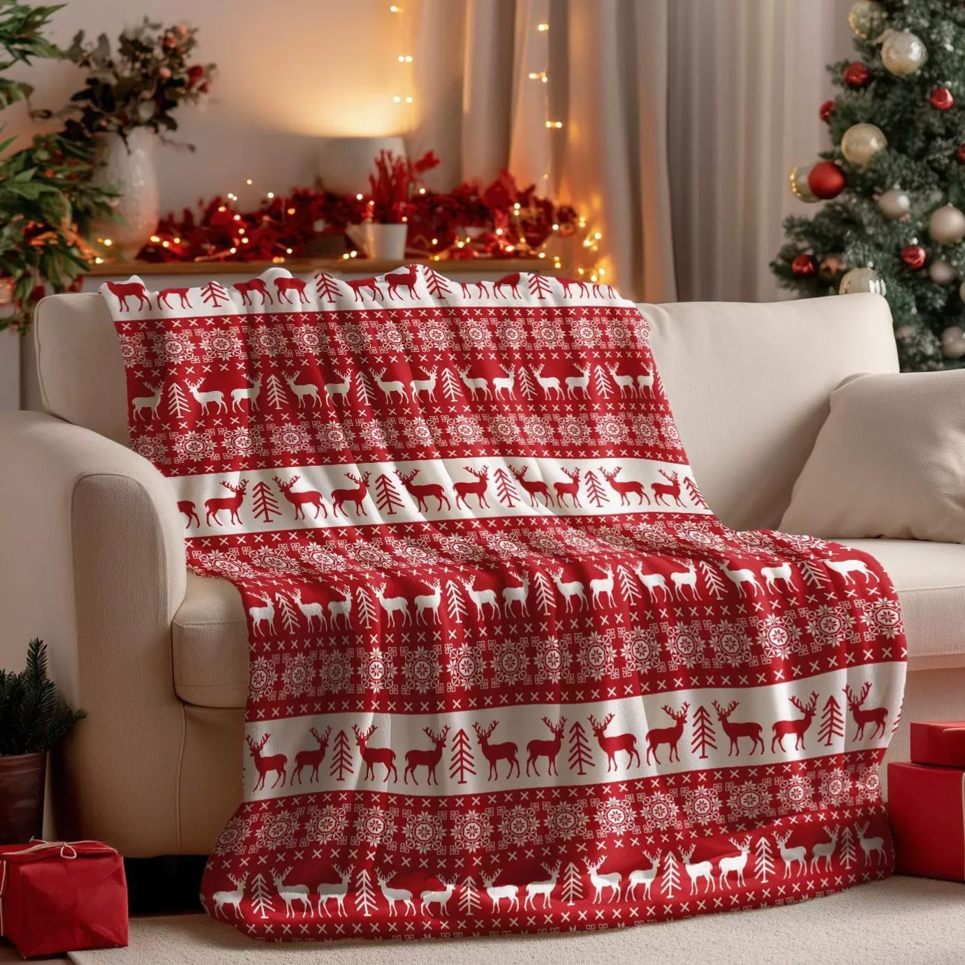 Red & White Striped Christmas Blanket Warm Festive Christmas Gift