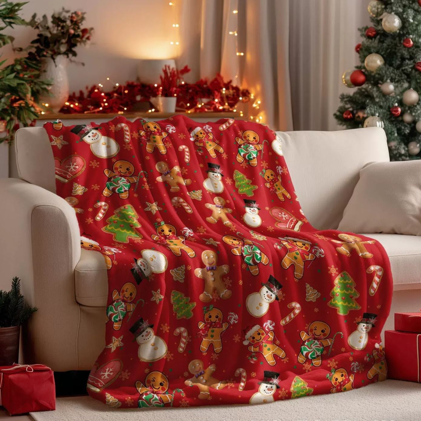 Red Gingerbread Man & Snowman Pattern Christmas Blanket Fun Christmas Gift