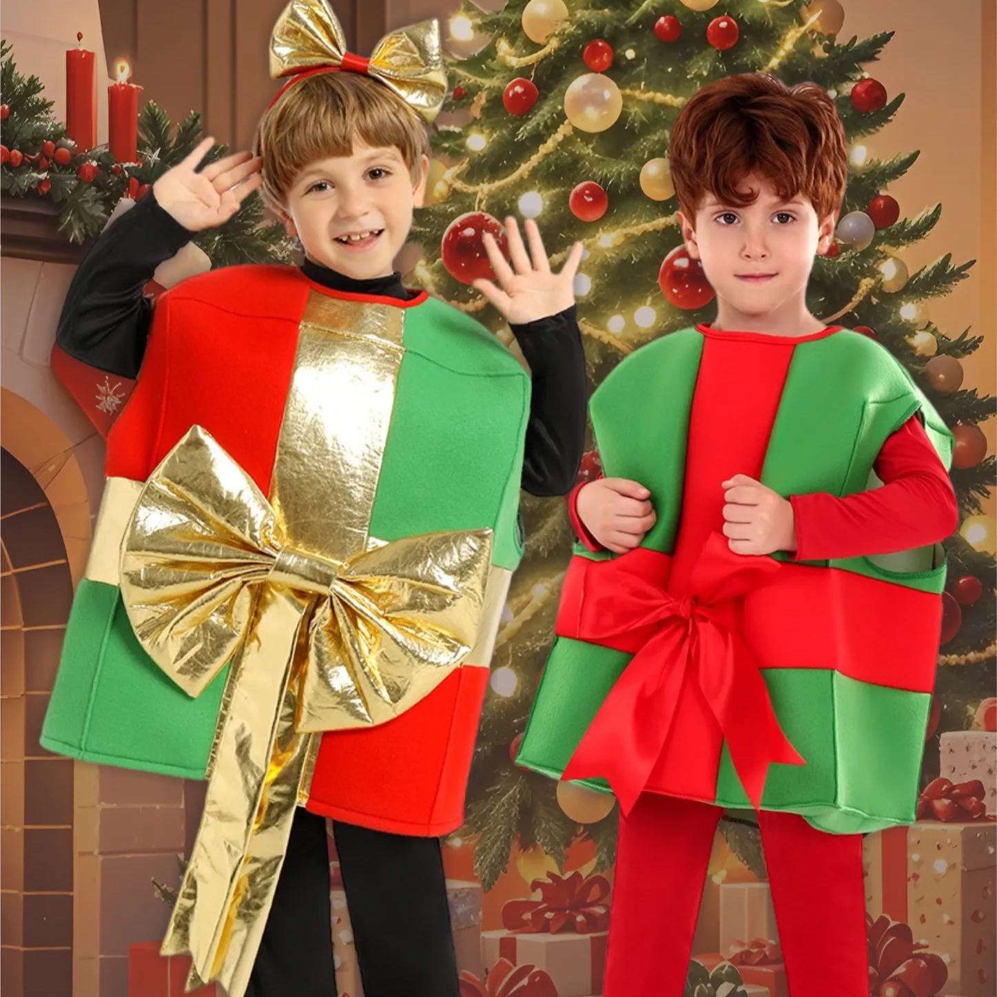Kids' Christmas Gift Box Costume Festive Red & Green Outfit with Shiny Bow for Christmas