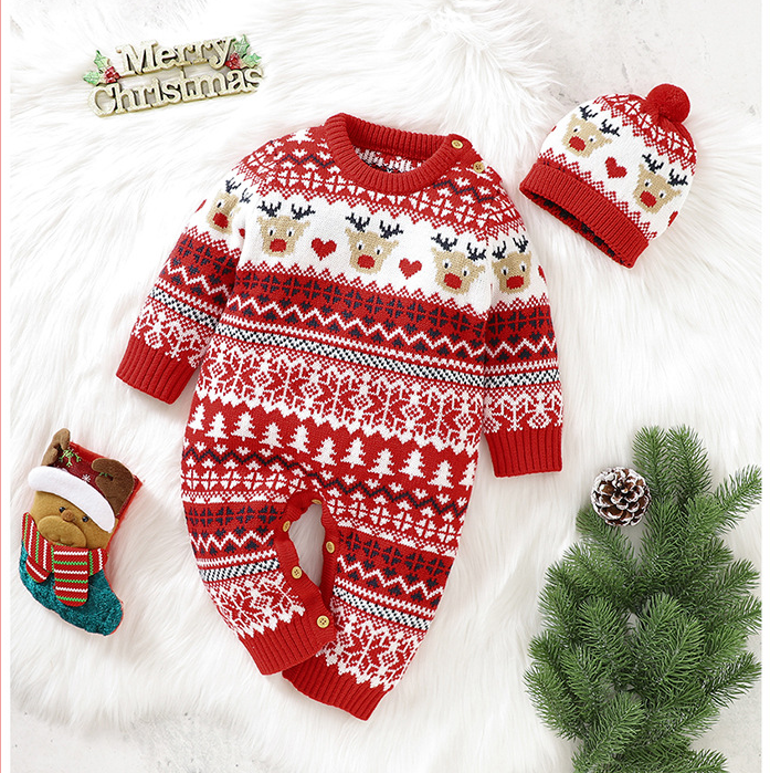 Baby Christmas Reindeer Knitted Jumpsuit with Hat Set