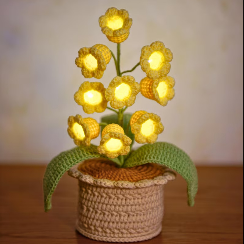 LED Light Crocheted Lily of the Valley - Glowing Potted Knit Flower Home Ambiance Decor