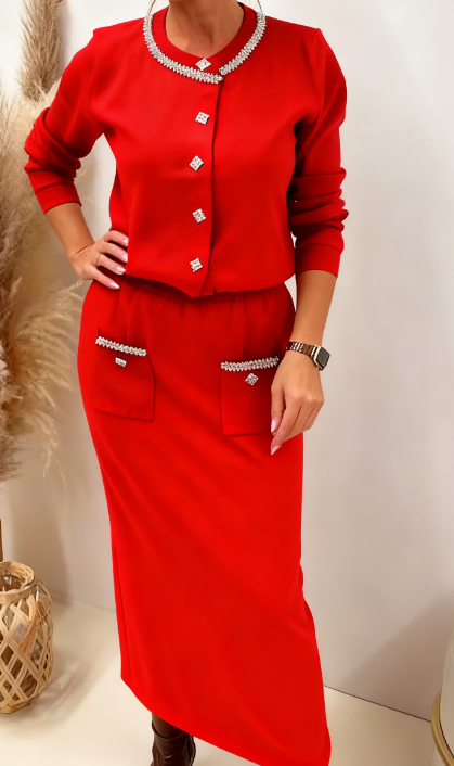 Damski garnitur casualowy z okrągłym dekoltem i kieszeniami