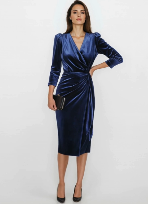 Sukienka z dekoltem w serek, plisowany fason, długie rękawy