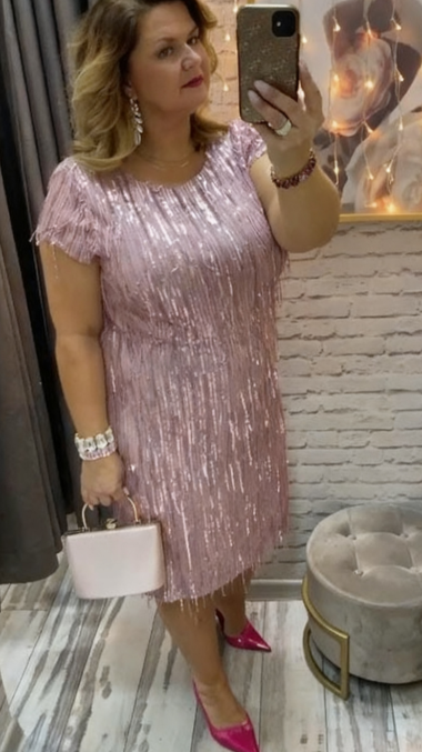 👗Sukienka z okrągłym dekoltem i frędzlami z cekinów