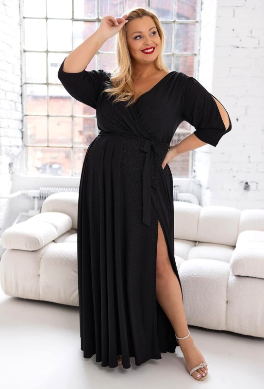 Brokatowa sukienka maxi plus size z rękawkiem