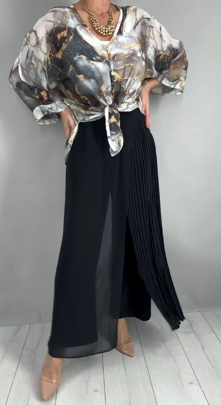 Komplet z artystycznym wzorem marmurkowym + szerokie spodnie plisowane