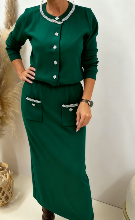 Damski garnitur casualowy z okrągłym dekoltem i kieszeniami