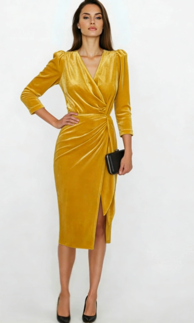 Sukienka z dekoltem w serek, plisowany fason, długie rękawy