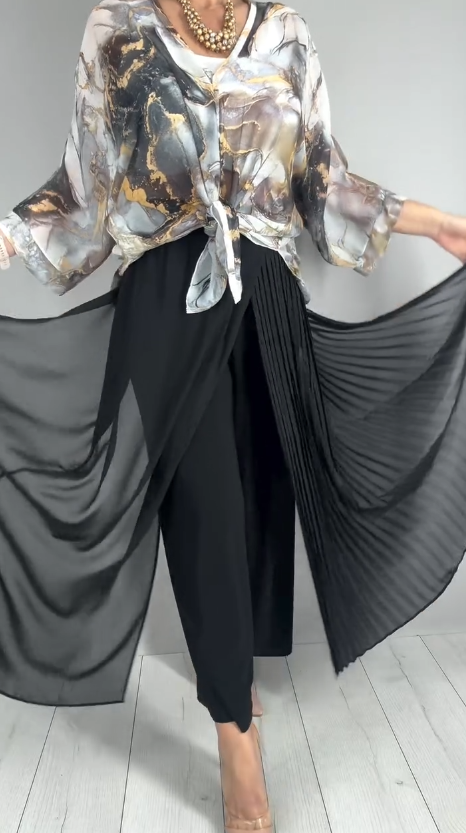 Komplet z artystycznym wzorem marmurkowym + szerokie spodnie plisowane