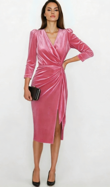 Sukienka z dekoltem w serek, plisowany fason, długie rękawy