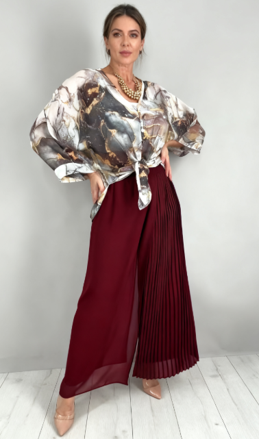 Komplet z artystycznym wzorem marmurkowym + szerokie spodnie plisowane