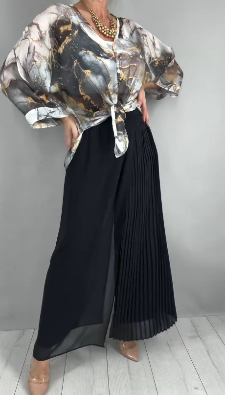 Komplet z artystycznym wzorem marmurkowym + szerokie spodnie plisowane