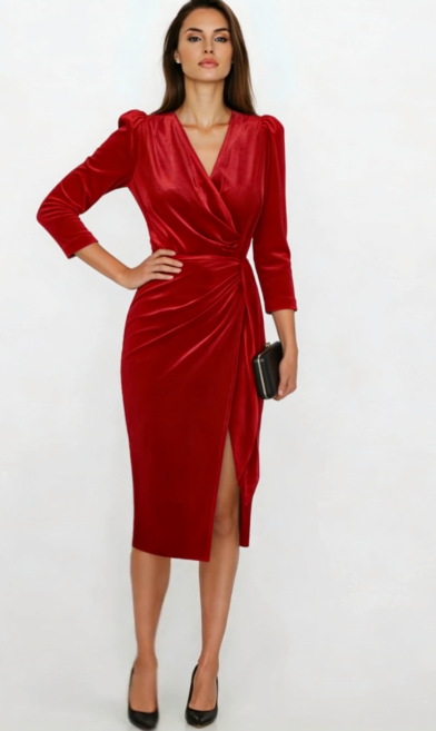 Sukienka z dekoltem w serek, plisowany fason, długie rękawy