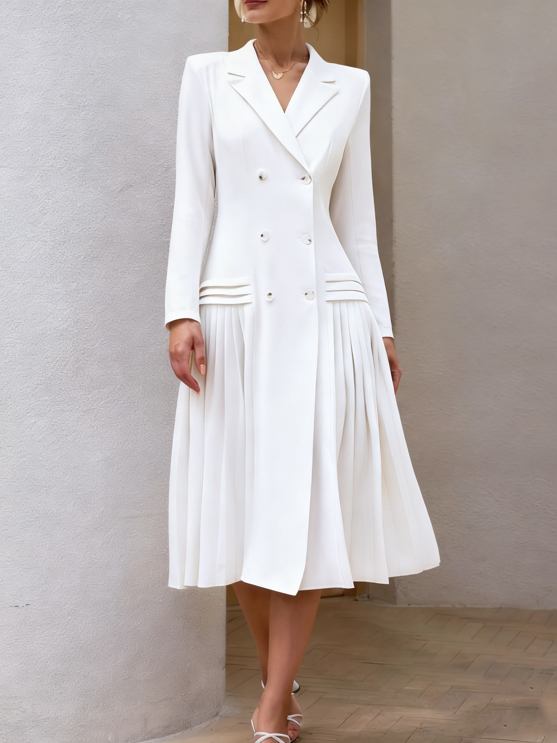 Kobiety Eleganckie Sukienka - Podwójne Piersie, Notch Lapel, Plisowane Hem