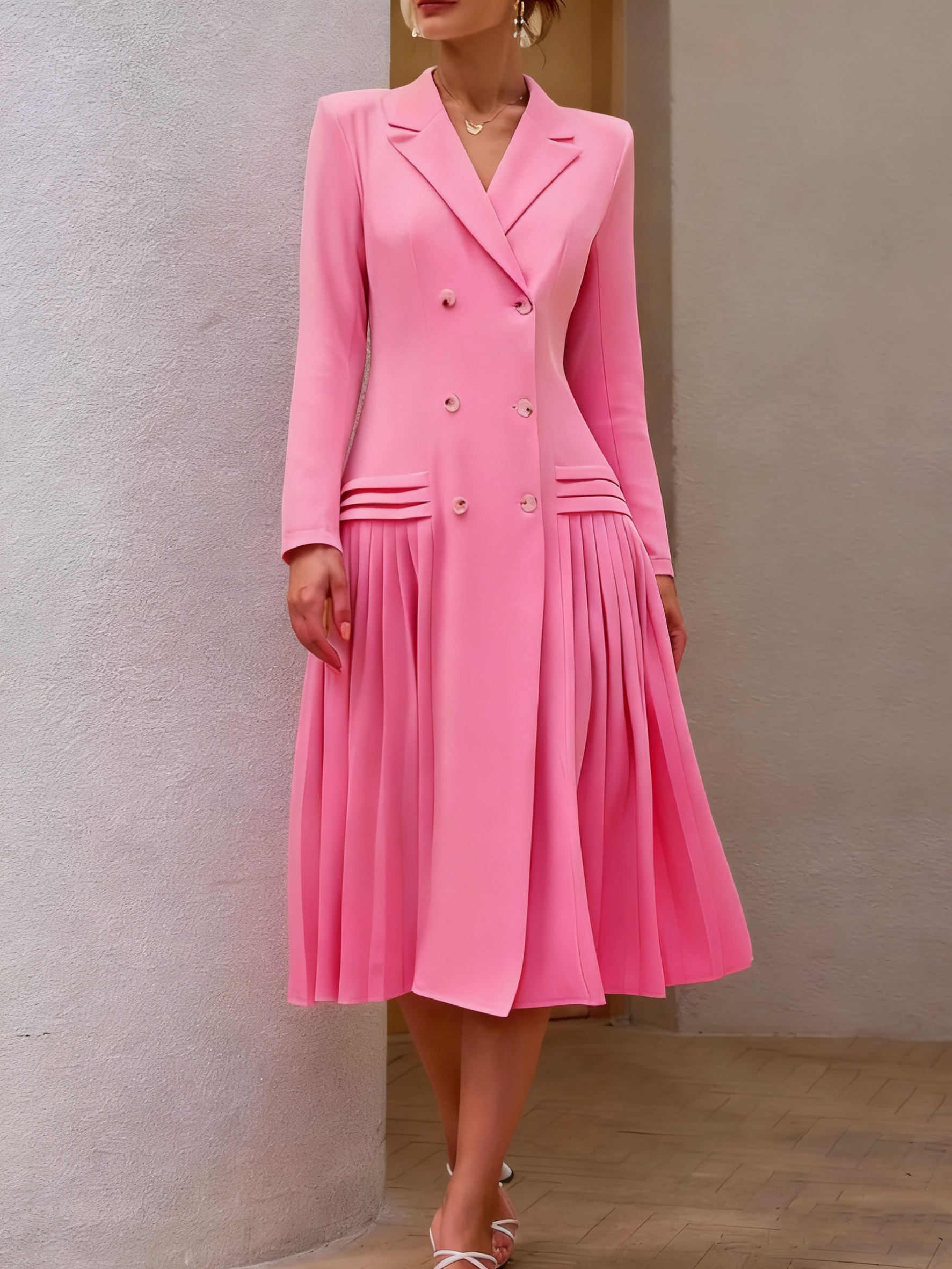 Kobiety Eleganckie Sukienka - Podwójne Piersie, Notch Lapel, Plisowane Hem