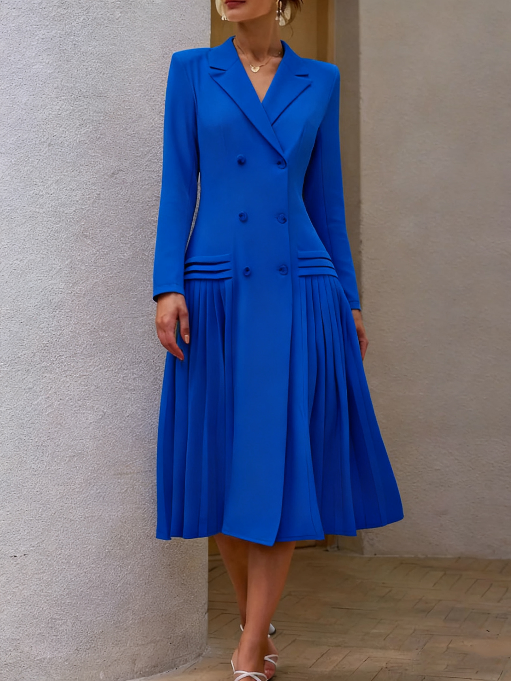 Kobiety Eleganckie Sukienka - Podwójne Piersie, Notch Lapel, Plisowane Hem
