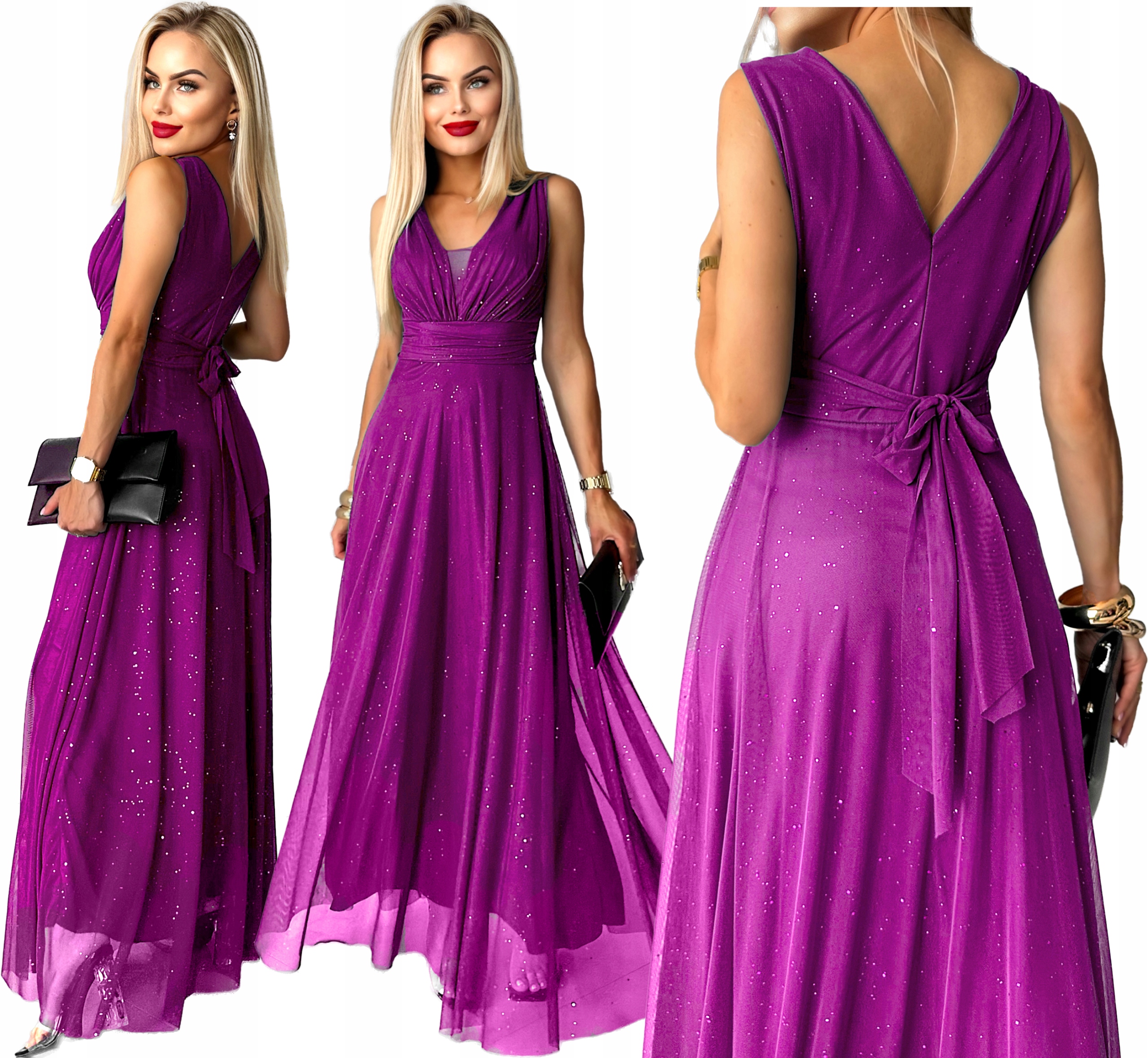 Wizytowa SUKIENKA DAMSKA długa rozkloszowana szyfon brokat na wesele SOPHIA