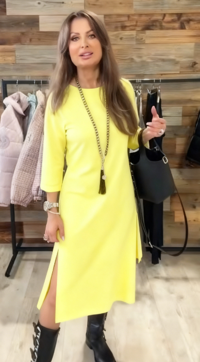 Sukienka casualowa, rękawy 3/4, okrągły dekolt, rozcięcie