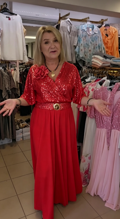 💗【S-5XL】💗Sukienka z cekinami, dekoltem w serek, dopasowaną talią i odpinanym kwiatowym wzorem na klatce piersiowej.