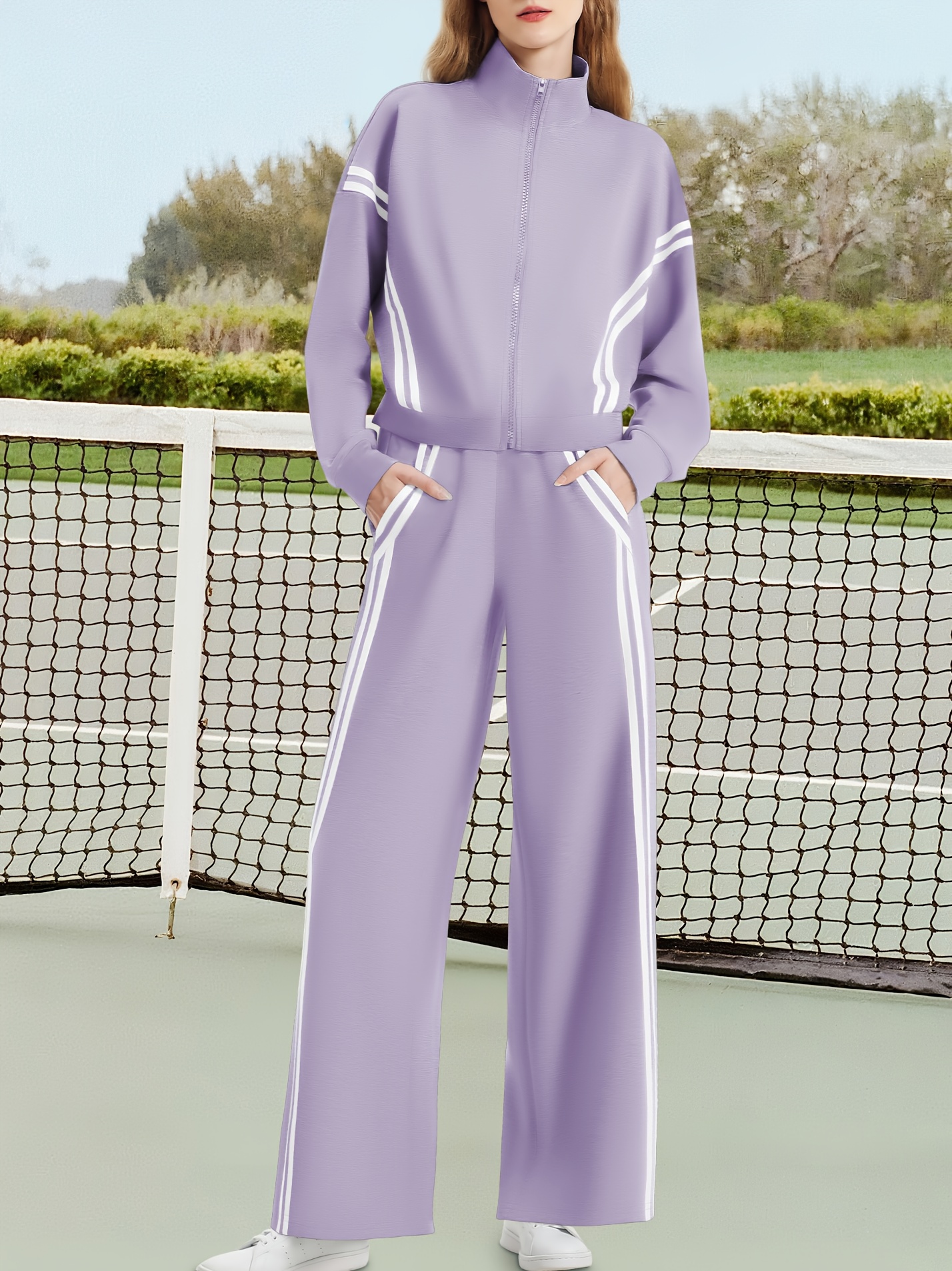 No import chargesLocal warehouse[Soft Material | Sporty Casual] Kobiety All-Season Sporty Casual Dwa-kawałkowy zestaw - Bluza z zamkiem + Kontrastowe paskowe szerokie spodnie jogging nogi, z szczegółami kieszeni i 99% pozytywnych opinii Wygodna tkani