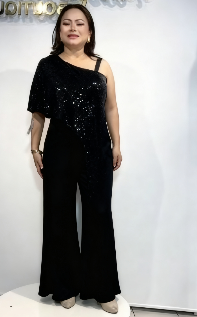 Asymetryczny kombinezon z szerokimi nogawkami, ozdobiony cekinami