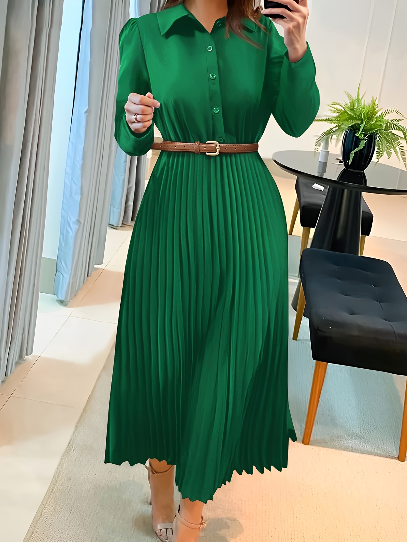 Elegancka Sukienka Kobieca - Plis. Rękawy, Klapka, A-Line Midi 