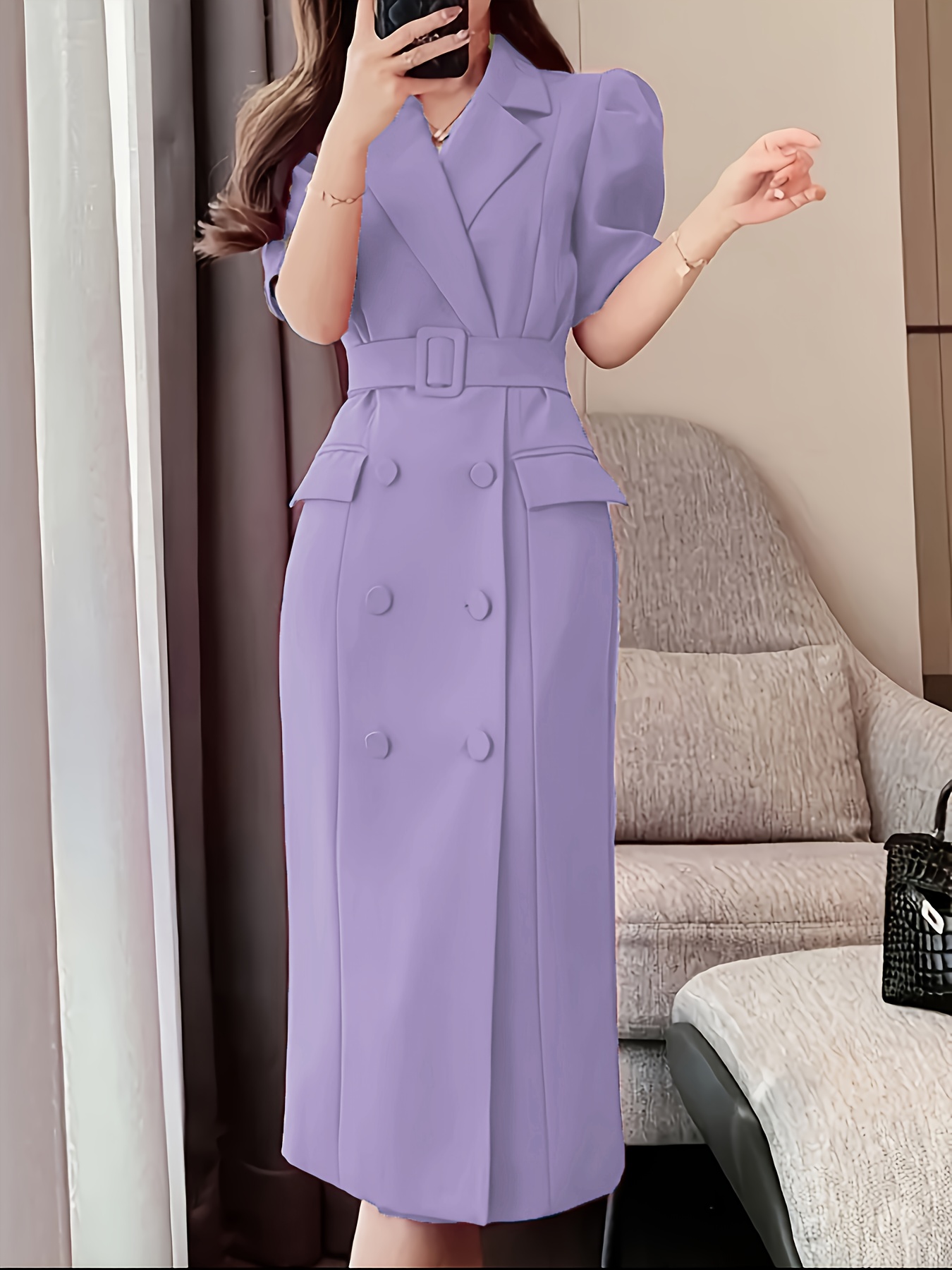 Bez opłat importowych Lokalny magazynElegancka sukienka z ołówkiem Magenta Różowa z inspiracją francuską - Chic notched collar, przycisk szczegółowy, mieszanka poliestrowa dla kobiet, idealna na wiosnę i jesień