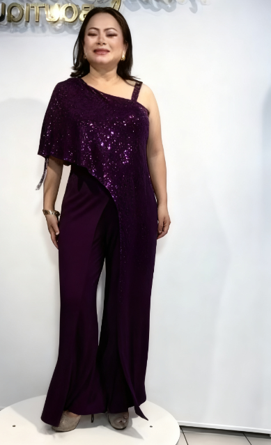 Asymetryczny kombinezon z szerokimi nogawkami, ozdobiony cekinami