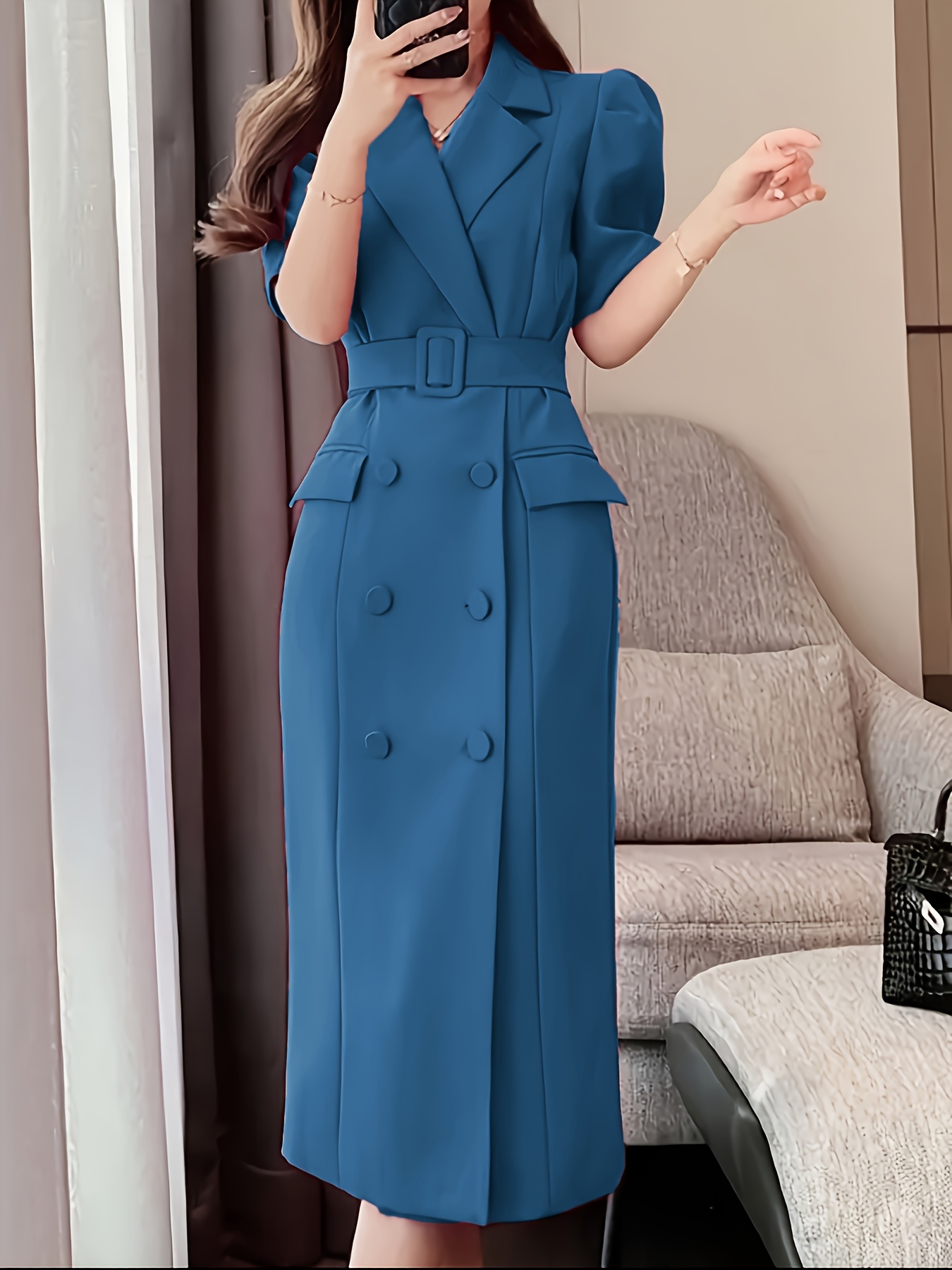 Bez opłat importowych Lokalny magazynElegancka sukienka z ołówkiem Magenta Różowa z inspiracją francuską - Chic notched collar, przycisk szczegółowy, mieszanka poliestrowa dla kobiet, idealna na wiosnę i jesień