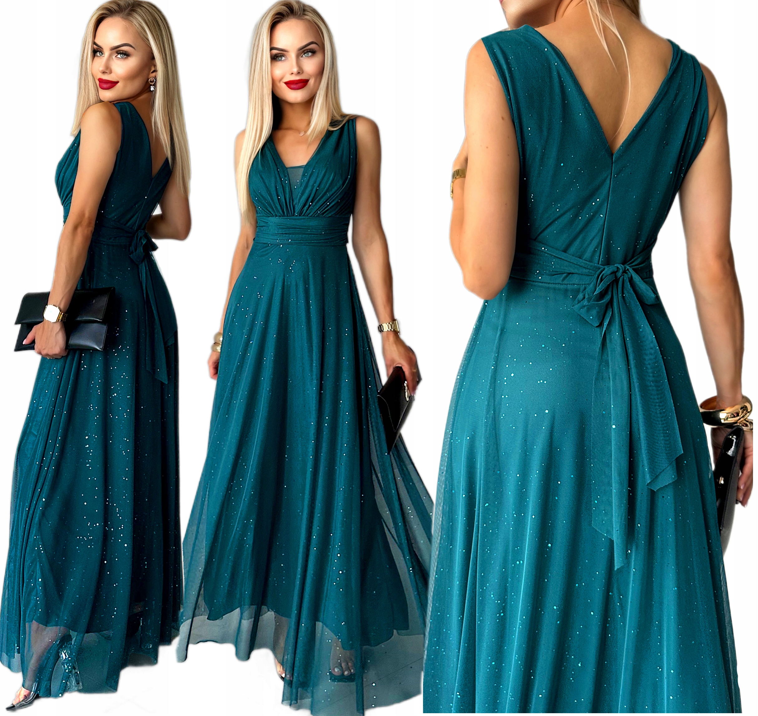 Wizytowa SUKIENKA DAMSKA długa rozkloszowana szyfon brokat na wesele SOPHIA