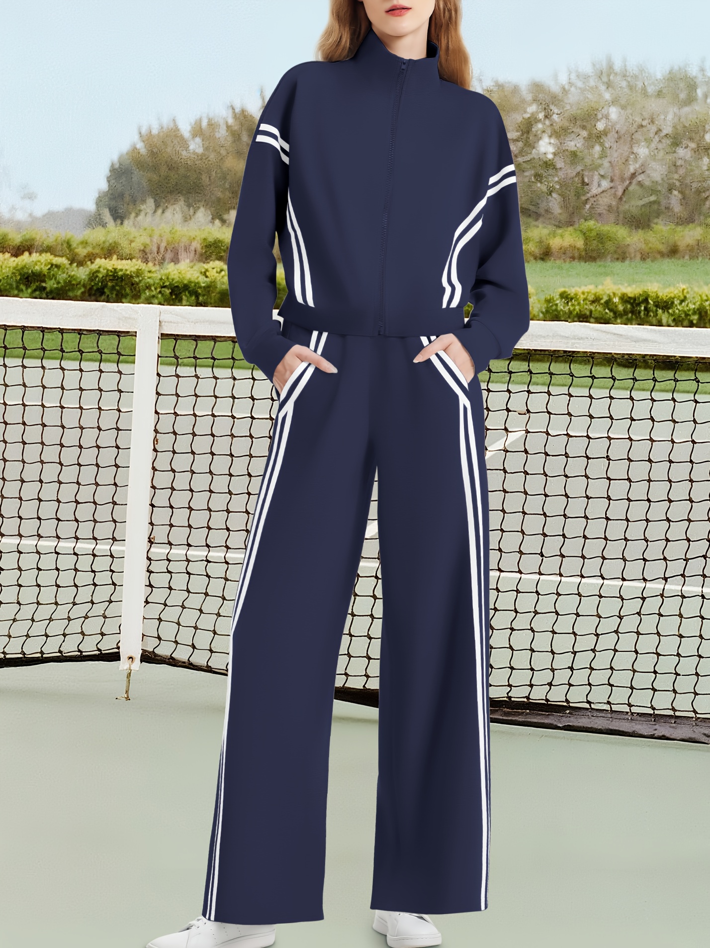 No import chargesLocal warehouse[Soft Material | Sporty Casual] Kobiety All-Season Sporty Casual Dwa-kawałkowy zestaw - Bluza z zamkiem + Kontrastowe paskowe szerokie spodnie jogging nogi, z szczegółami kieszeni i 99% pozytywnych opinii Wygodna tkani