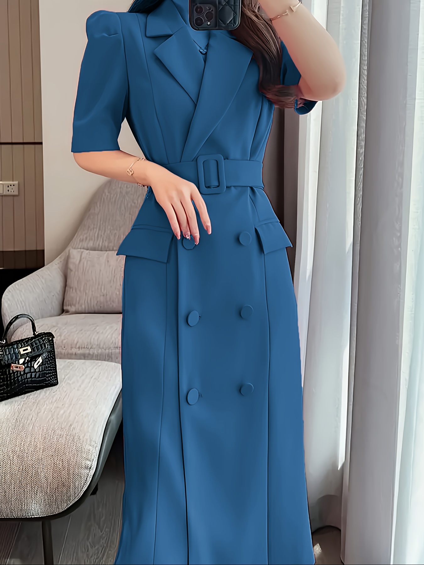 Bez opłat importowych Lokalny magazynElegancka sukienka z ołówkiem Magenta Różowa z inspiracją francuską - Chic notched collar, przycisk szczegółowy, mieszanka poliestrowa dla kobiet, idealna na wiosnę i jesień