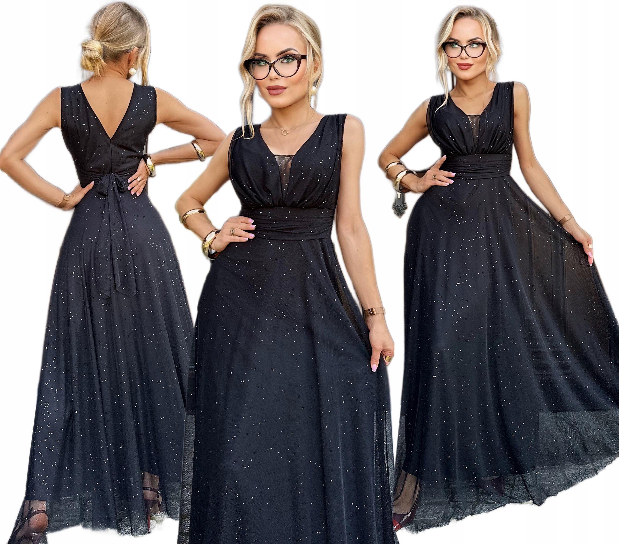 Wizytowa SUKIENKA DAMSKA długa rozkloszowana szyfon brokat na wesele SOPHIA