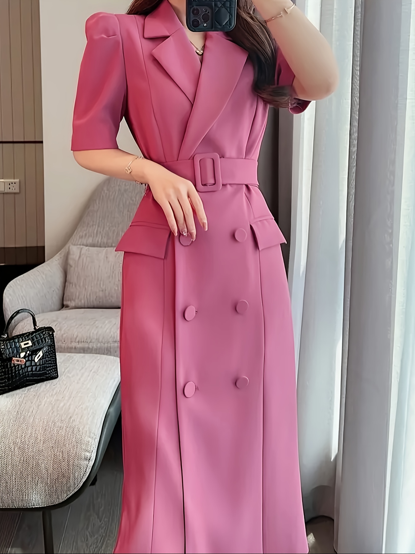 Bez opłat importowych Lokalny magazynElegancka sukienka z ołówkiem Magenta Różowa z inspiracją francuską - Chic notched collar, przycisk szczegółowy, mieszanka poliestrowa dla kobiet, idealna na wiosnę i jesień